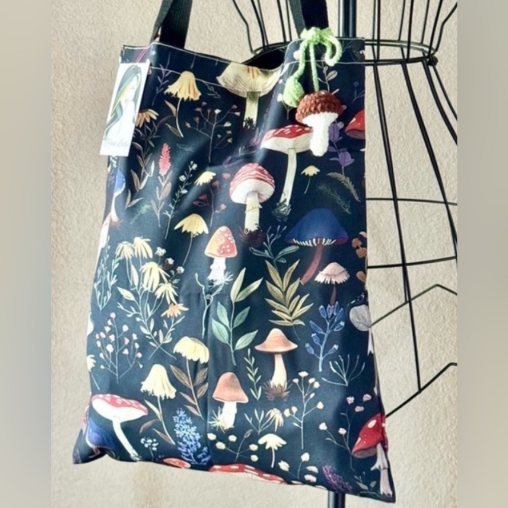 New Mushroom Core Shopping Purse Tote Bag w/ Handmade Crochet Mushroom Accent